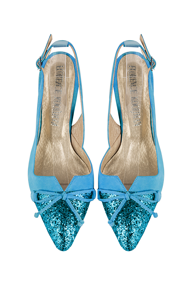 Turquoise blue women's open back shoes, with a knot. Tapered toe. Medium spool heels. Top view - Florence KOOIJMAN